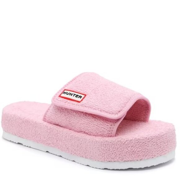 HUNTER Terry Towelling Platform Slide Sandal Hook Loop Cushion Pink - Picture 1 of 13